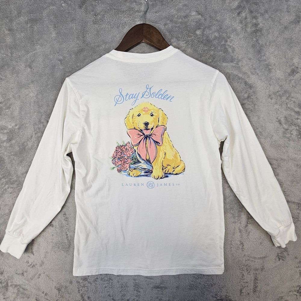 Lauren James T-Shirt Small White Stay Golden Dog Golden Retriever Puppy Graphic‎